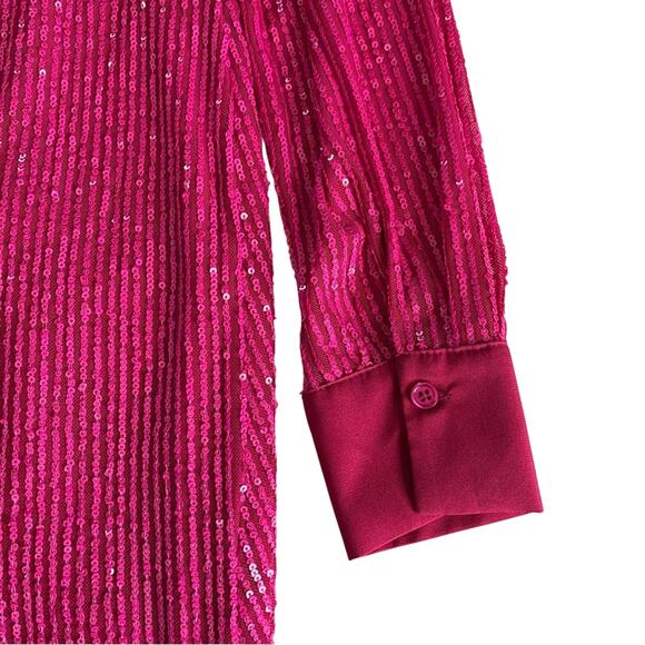 In The Mood For Love Lina Hot Pink Barbie Sequin Ruched Button Up Mini Dress M - Picture 13 of 16